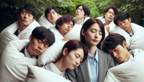 女性リーダーを中心に森の中で立ったまま眠っている営業部員。リーダーを除けば男性8人女性1人。全員スーツだがリーダー以外はかけ布団を纏っている。フォトリアリスティック