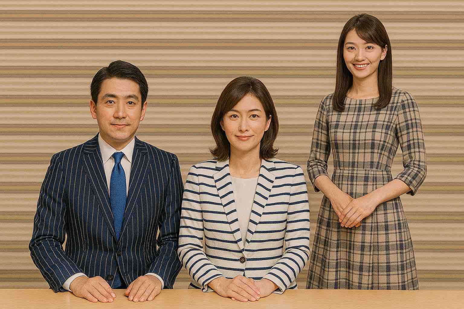 TVのニュース番組、セットが横縞で男性アナウンサーが縦縞の背広、女性アナウンサーが横縞のジャケット、お天気お姉さんが格子柄のワンピース。チラチラチラチラ気になる画面。リアルなフォトリアリスティック