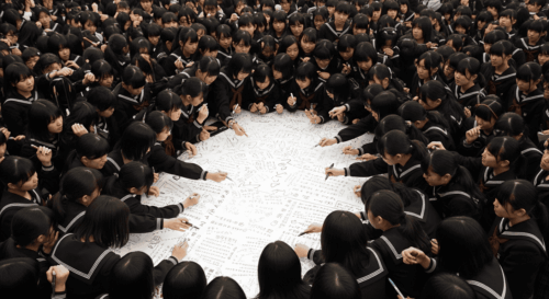 たった１枚の寄せ書きに群がって日本語でメッセージを書き込む1000人の女学生　全員ペンを持っている　写真　maste　斜め上からのアングル