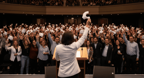 登壇する女性の後ろから会場を描いた画像。 登壇する女性は右手を掲げている。手には白い見慣れぬ形の物を持っている。会場を埋め尽くす人々も登壇する女性と同じような物を右手に掲げている。皆笑顔だ。製品発表会だろうか。一見、何に使用するのかわからないが、実用的な物だろうか?それとも。。。