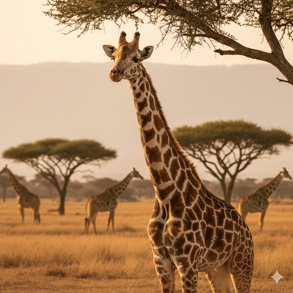 キリンの画像。アフリカの草原にいるキリン、後方に３頭の仲間がいる。