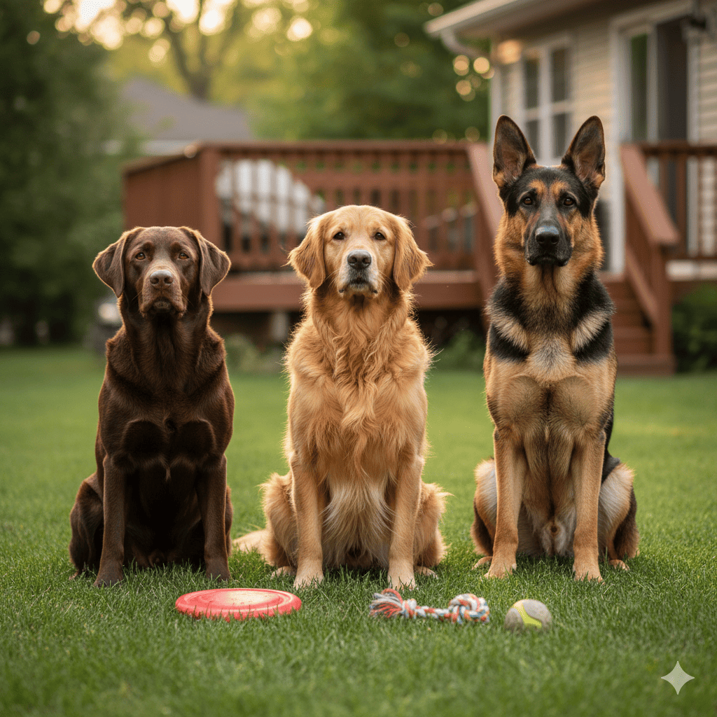 大型犬の、ラブラドールレトリバー・ゴールデンレトリバー・シェパードがこちらを向いて座っている画像。