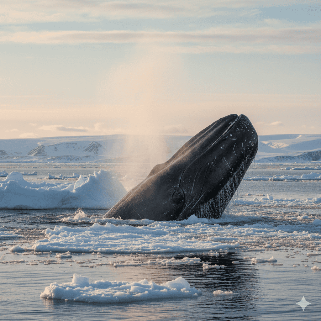 ホッキョククジラの画像。　ホッキョクで海面に頭を出してきたホッキョククジラ。
