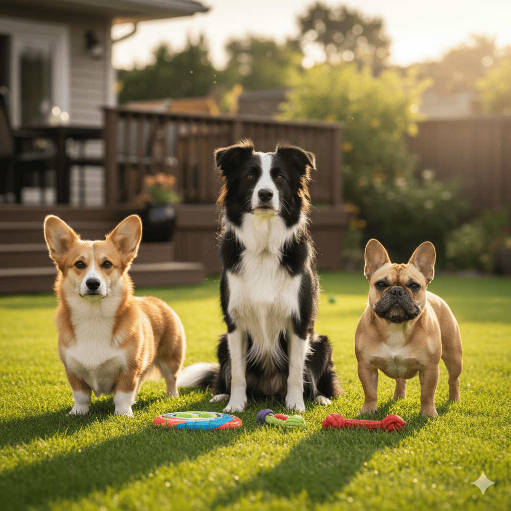 中型犬のコーギー・ボーダーコリー・フレンチブルドッグがこちらを向いている画像。フレンチ・ブルドッグだけおすわりをしていない。