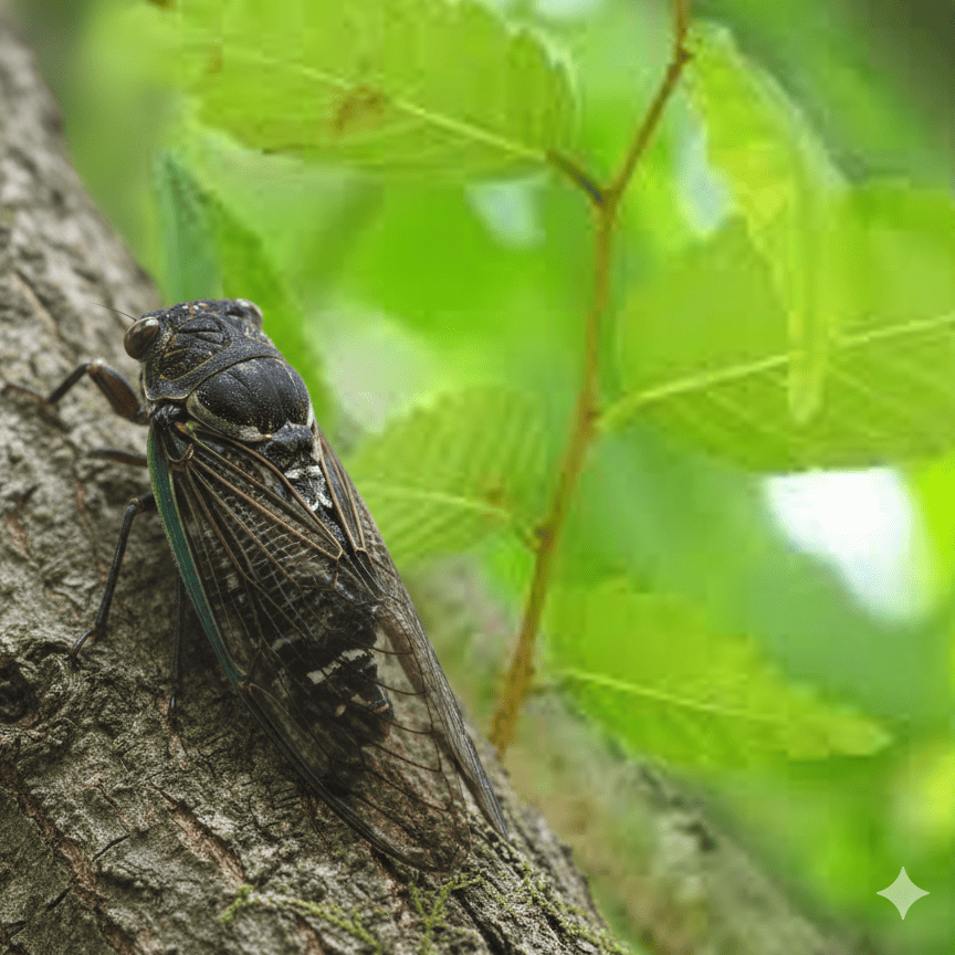 ミンミンゼミの画像。林の木にとまっているミンミンゼミ。
