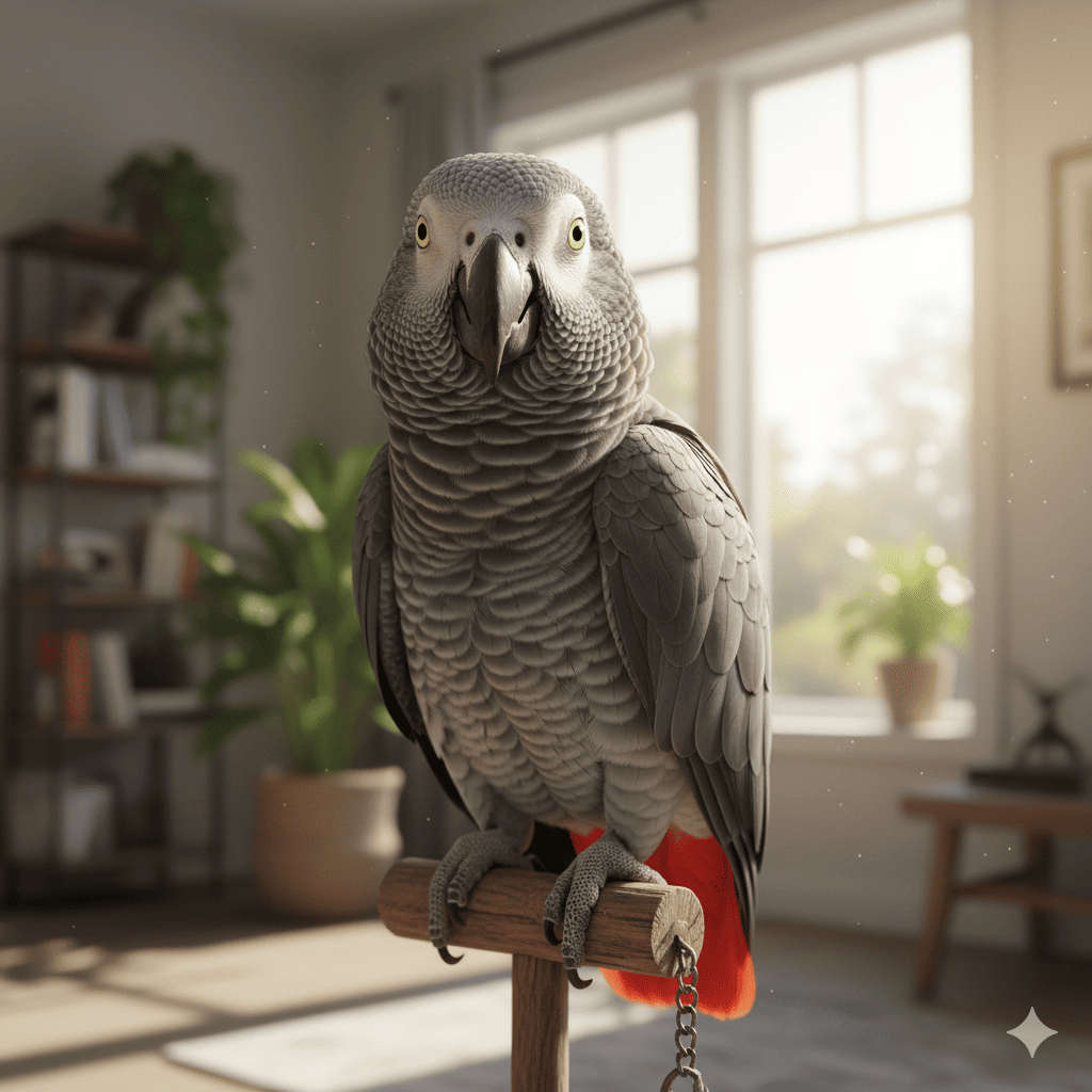 ヨウムの画像。室内のとまり木に止まってこちらを見ているヨウム。