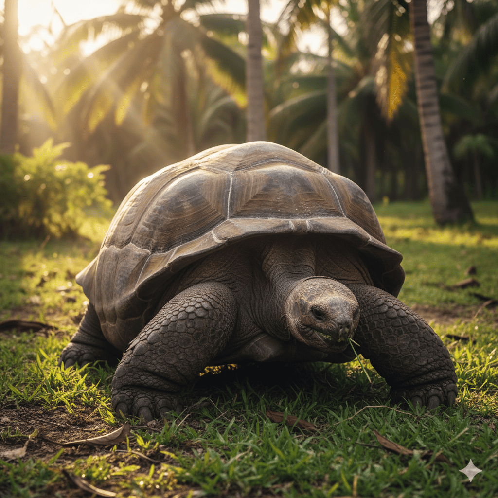 アルダブラゾウガメの画像。島で草を喰むアルダブラゾウガメ。