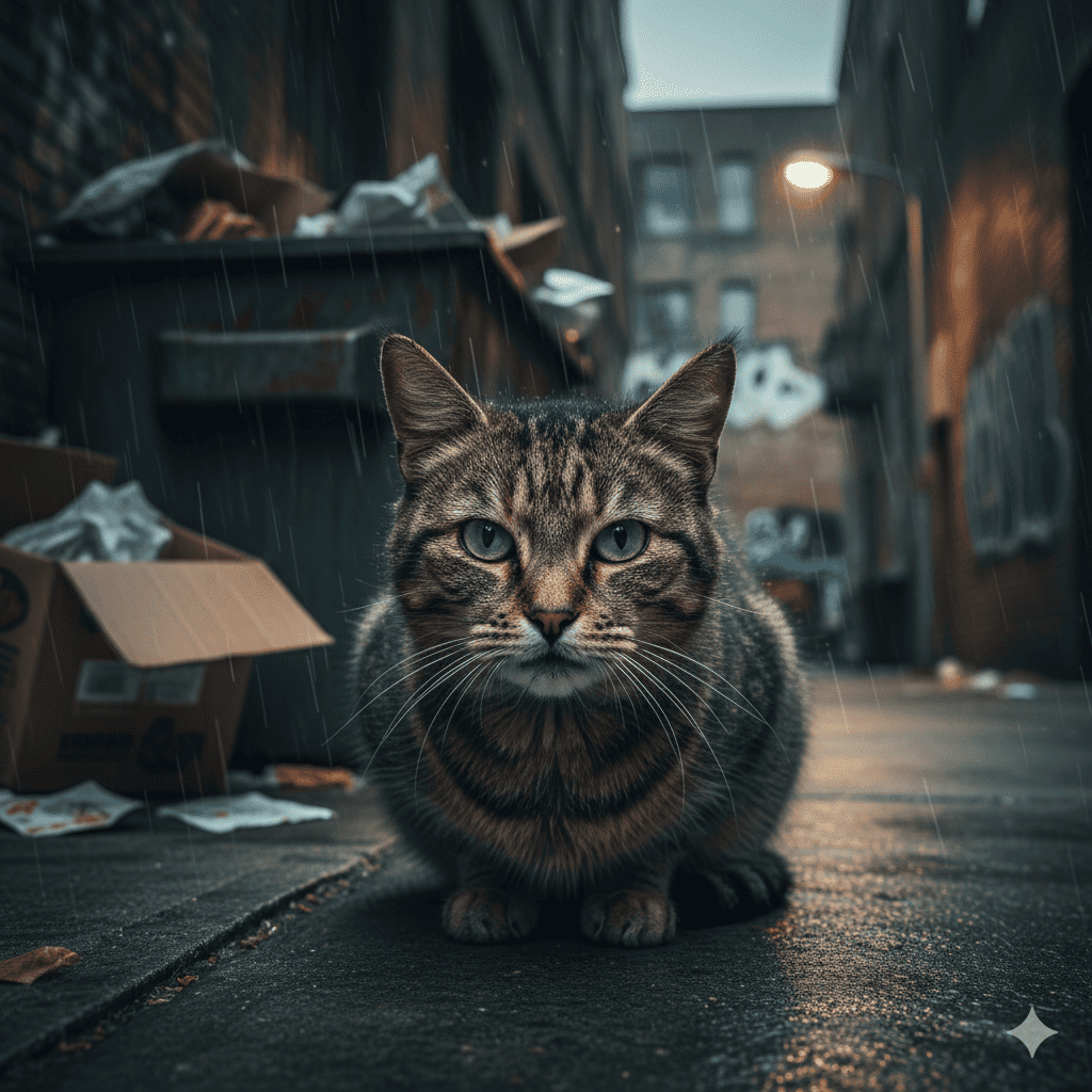 野良猫の画像、雨上がりのゴミの散らかる乱雑なアスファルトの上でじっとこちらを見つめている。