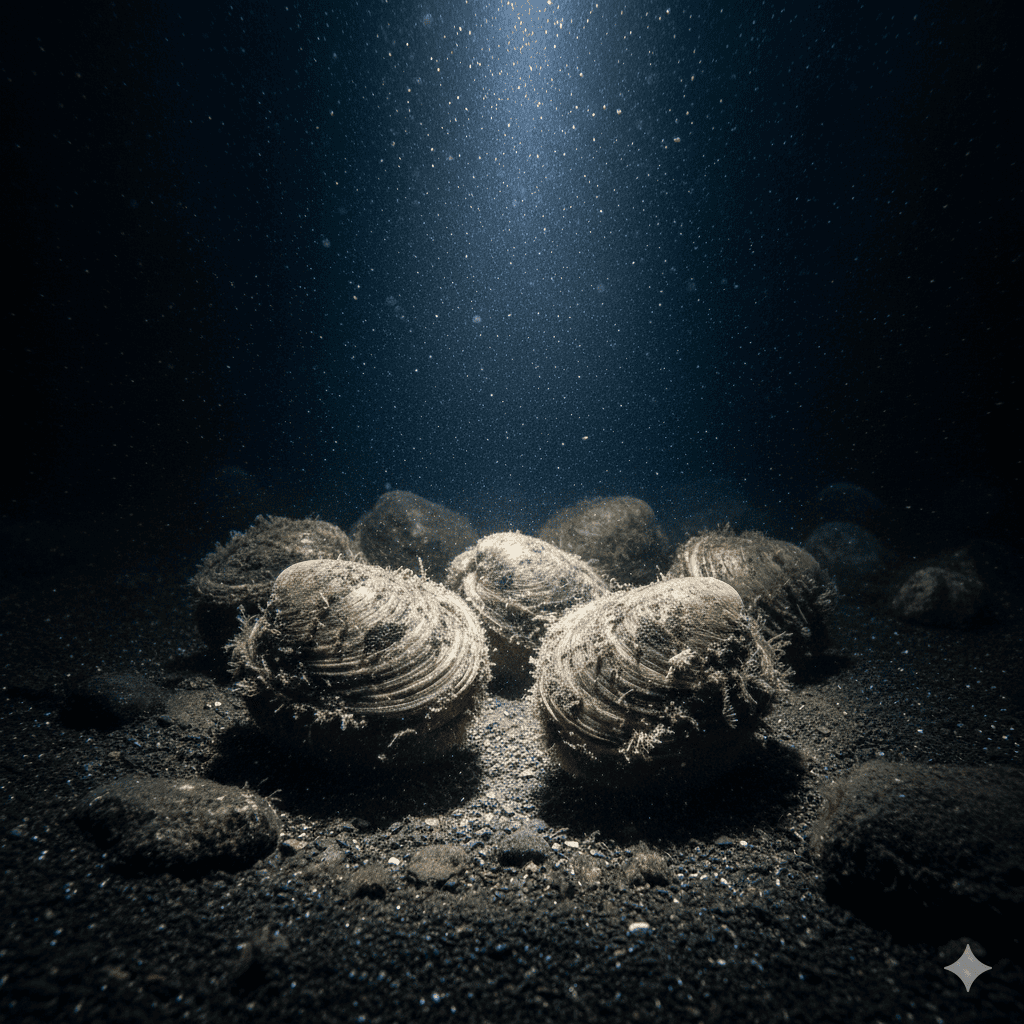 アイスランドガイの画像。海底の砂上にいるアイスランドガイ7匹