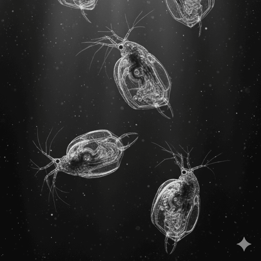 オオミジンコの画像。水中を漂う3匹のオオミジンコ。白黒画像。