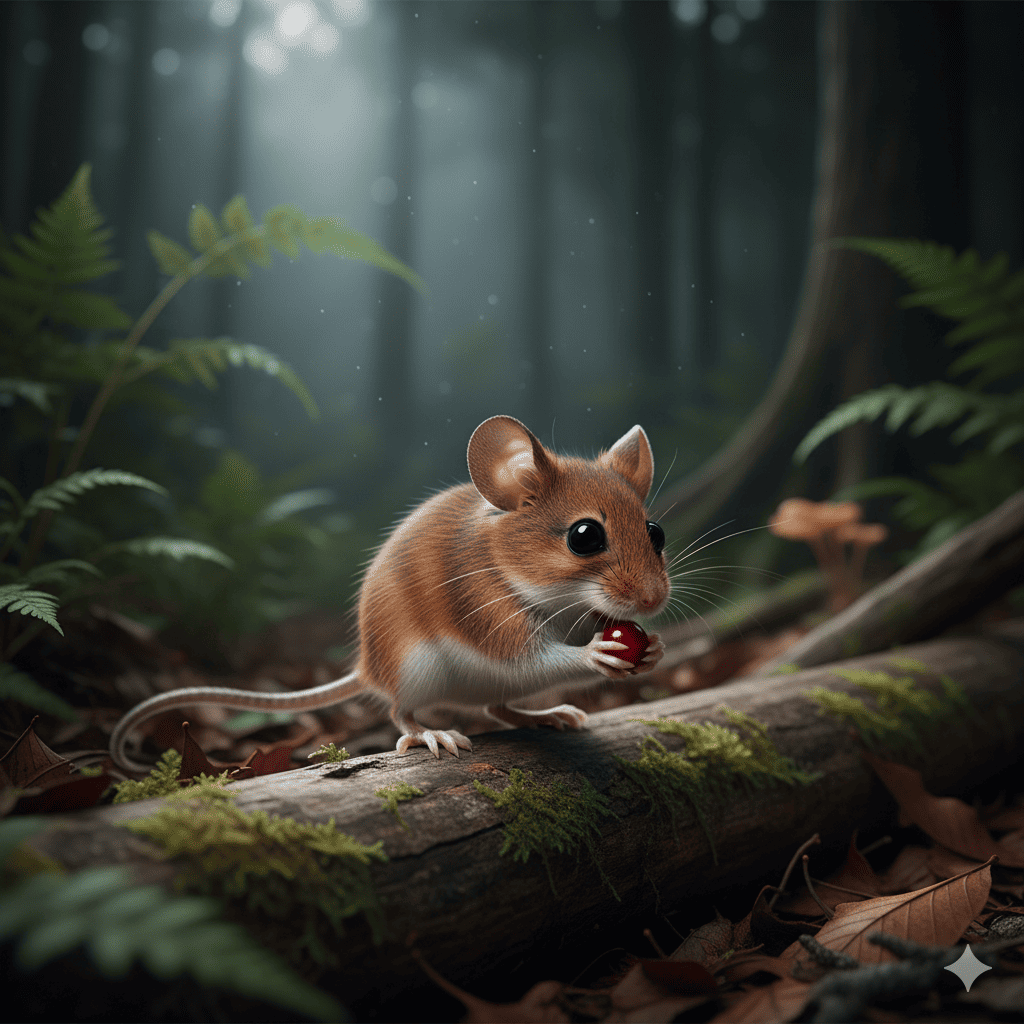 アカネズミの画像。森の中で小さな果物を食べているアカネズミ。