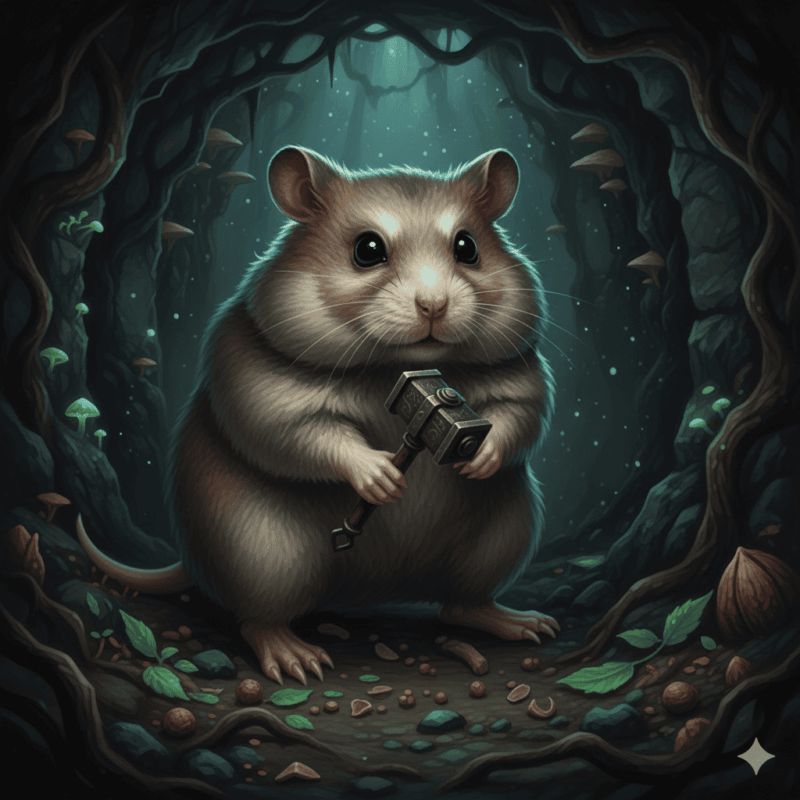 力強い武器を左手に持った可愛いドワーフハムスターの画像。武器以外は可愛らしいドワーフハムスター。森に立っている。