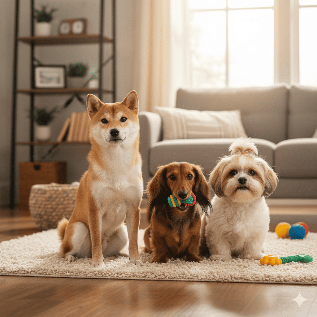 小型犬の柴犬・ミニチュアダックス・シーズーがこちらを向いている画像