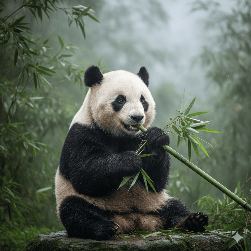 ジャイアントパンダの画像。　中国の森で竹を喰むジャイアントパンダ。座って、器用に竹を持っている。