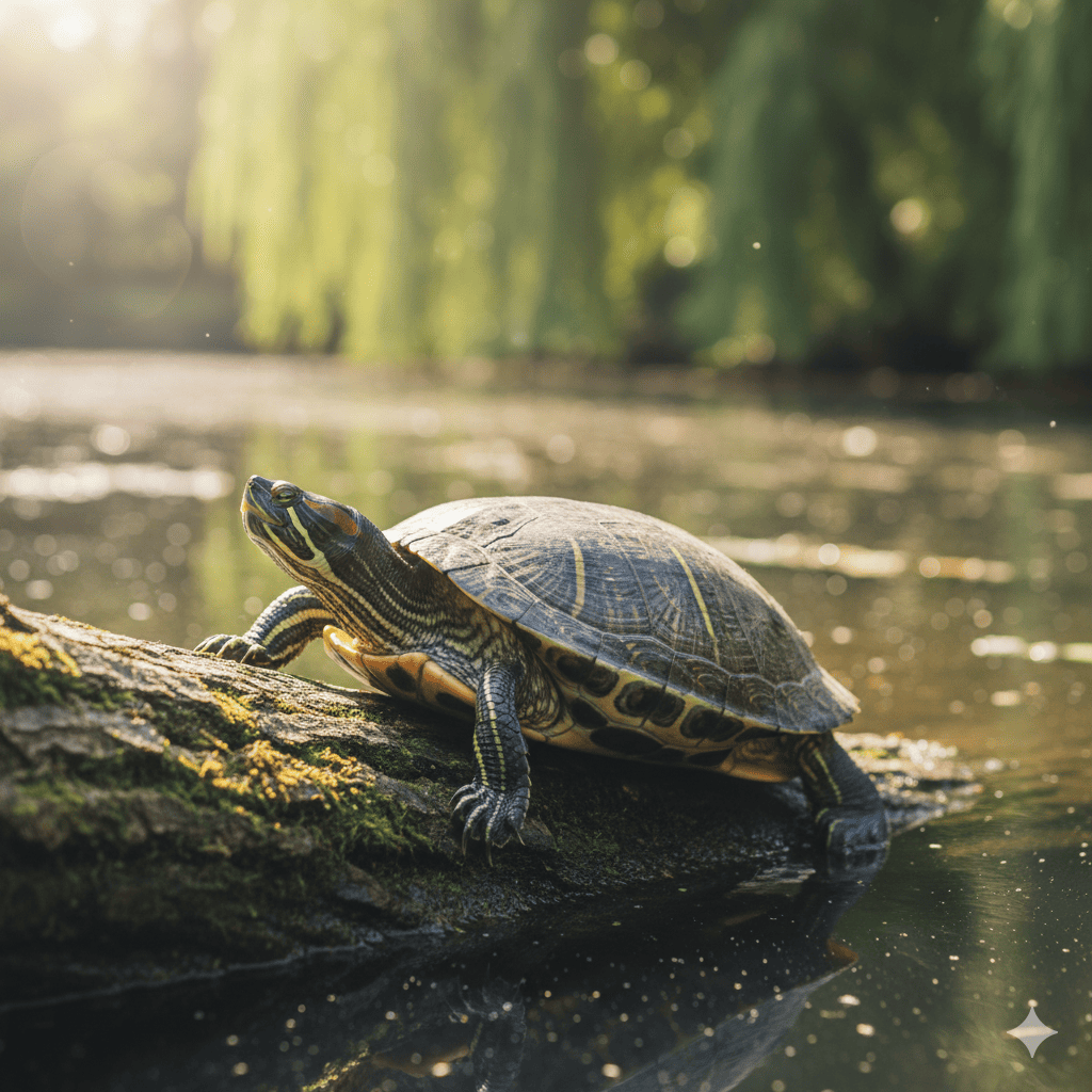 ミシシッピアカミミガメの画像。池に浸かった朽木の上を歩くミシシッピアカガメ。