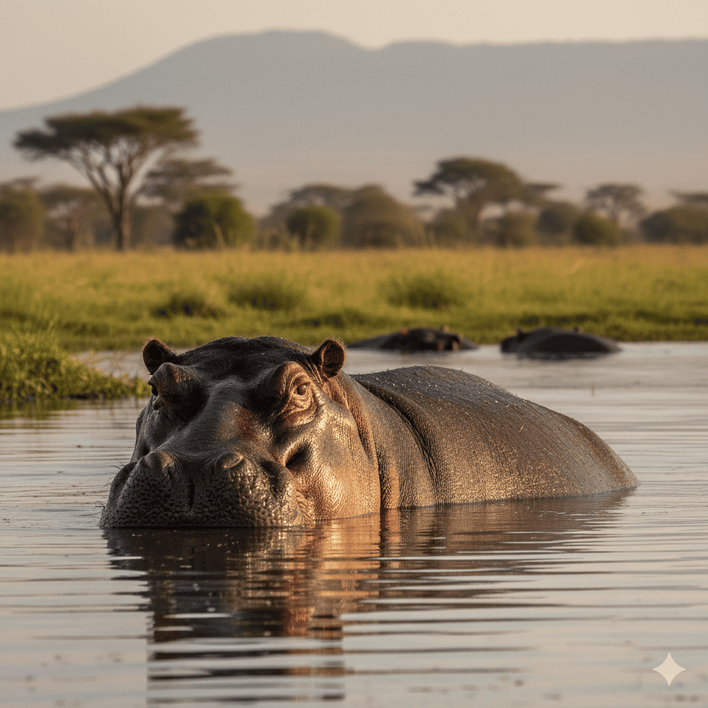 カバの画像。　アフリカの川に浸かってこちらを伺うカバ。後方に家族がいる様子。