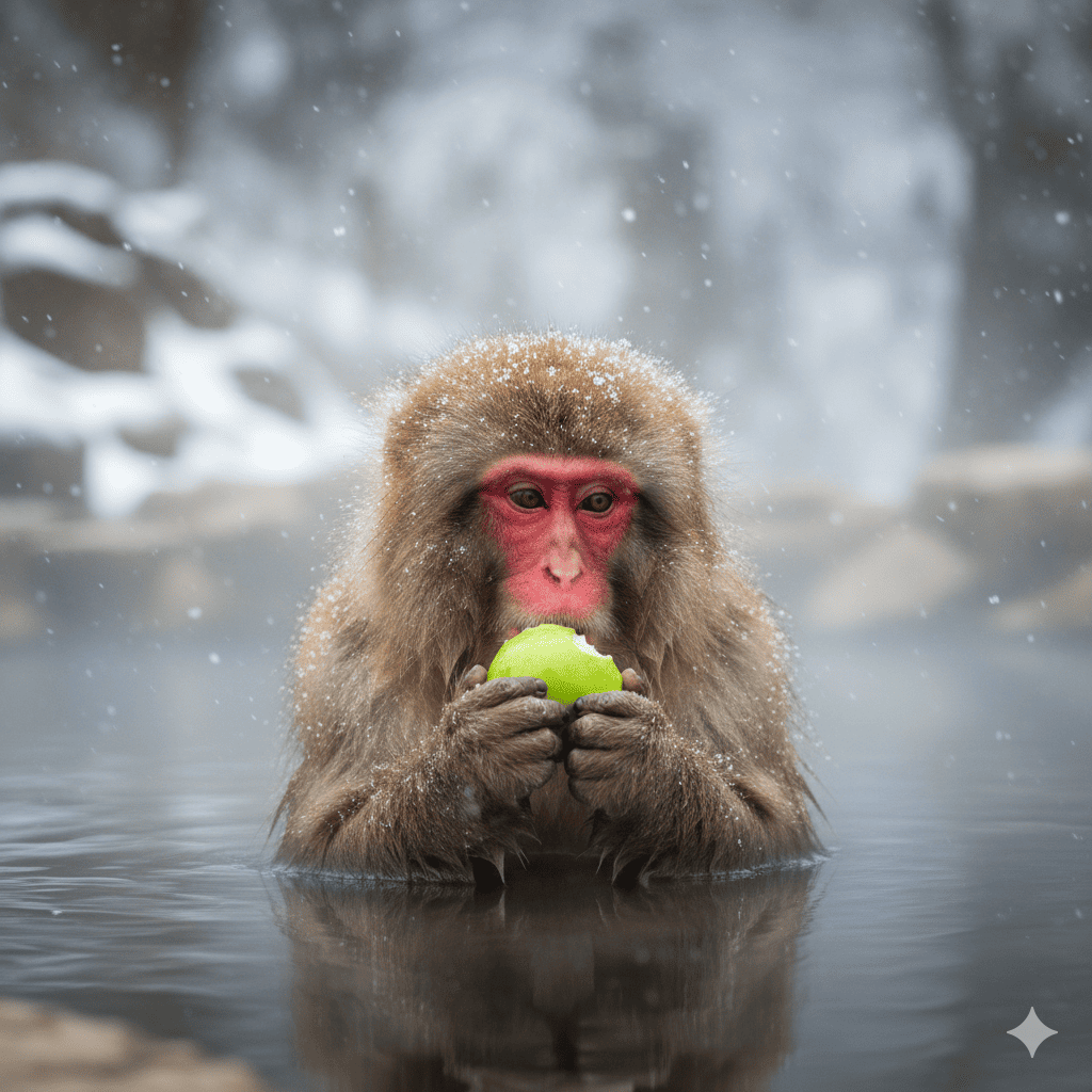 ニホンザルの画像。温泉に入ってりんごを食べているニホンザル。