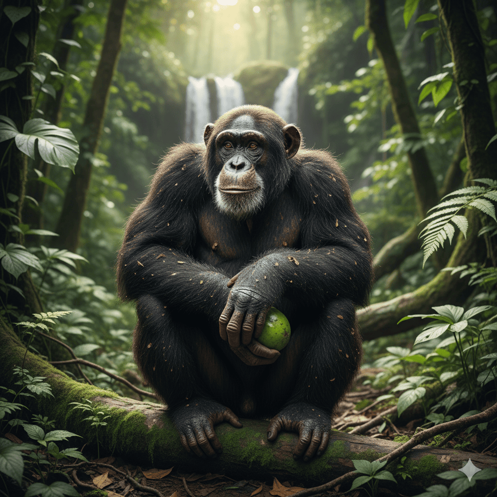 チンパンジーの画像。森の中で右手に果物を持ち、ゆったり座っているチンパンジー。