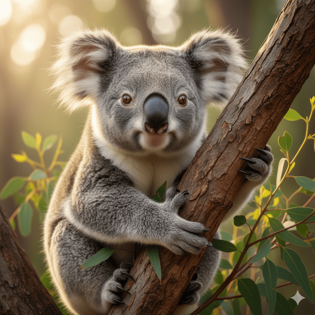 コアラの画像。木にしっかり掴まってこちらを見ているコアラ。