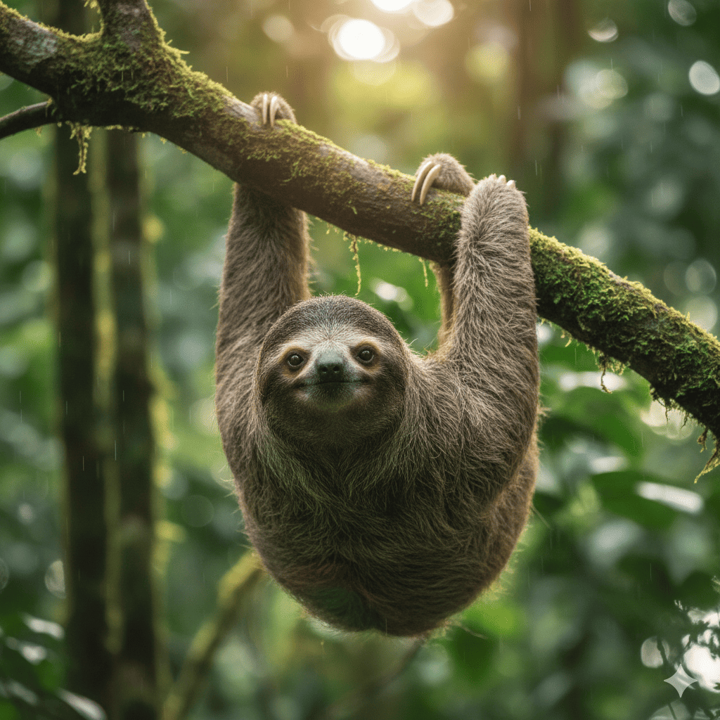 ホフマンナマケモノの画像。　森の木にぶら下がり珍しく起きているホフマンナマケモノ。