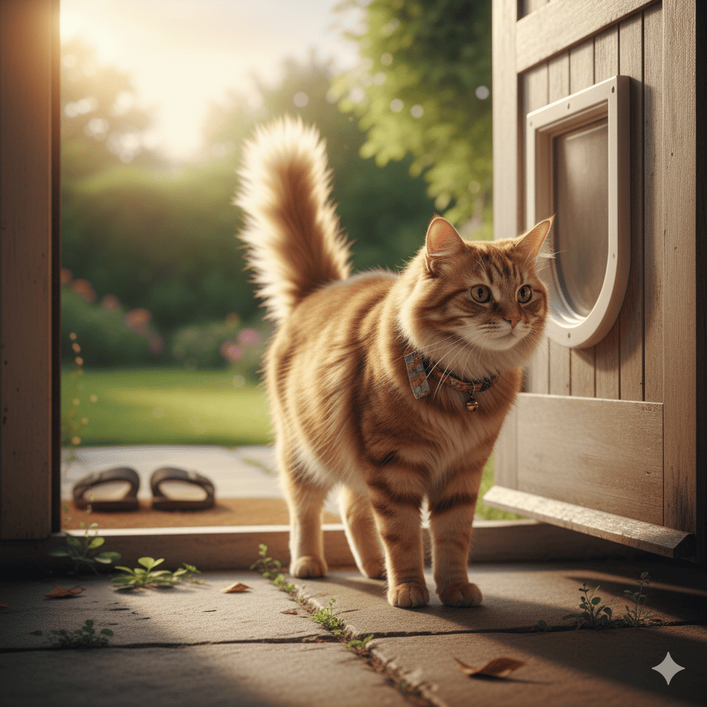 飼い猫だが、自由に外に出られるお散歩猫が玄関から帰宅した画像。