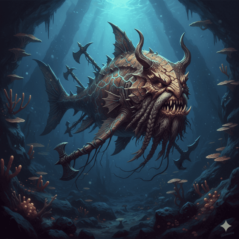 ドワーフハゼを勘違いして、ファンタジーのキャラクタードワーフの顔を持つハゼが海を泳いでいる様子ドワーフの特徴怖い顔・力強い斧・髭がありつのまで生えている。