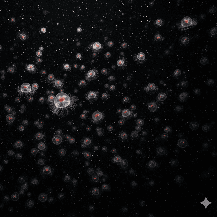 ベニクラゲの画像。海中を漂う無数のベニクラゲ。