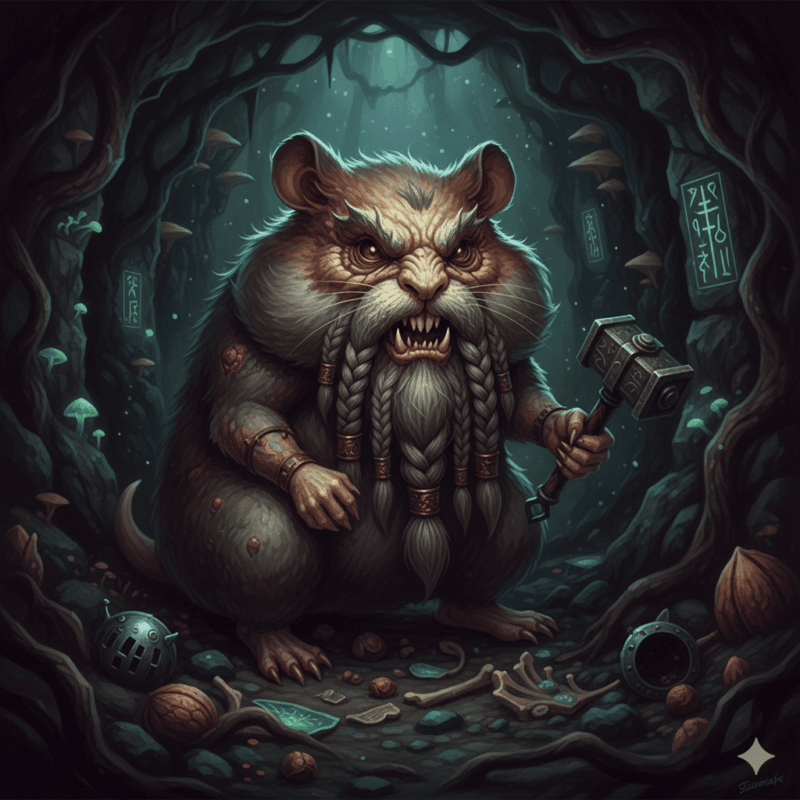 ドワーフハムスターを勘違いし、ファインタジーのキャラクターであるドワーフの顔を持つハムスターの画像。怖い顔・長い髭・左手には力強い武器を持っているハムスターが森に立っている。足元に武器の材料が落ちている。