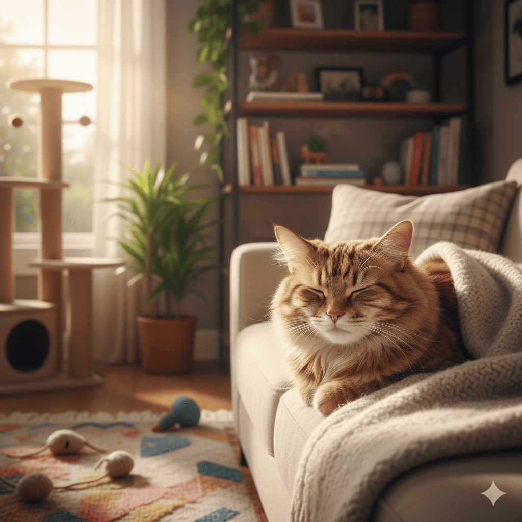 室内で飼われている猫の画像、外に出ることはない。ソファーの上で毛布にくるまり暖かそう。