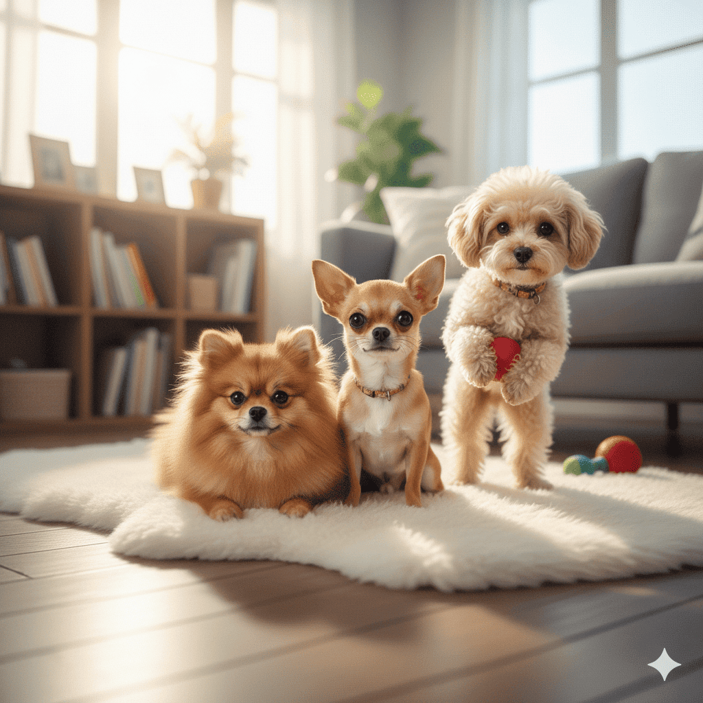 超小型犬ポメラニアン・チワワ・トイプードルが並んでこちらを向いている画像