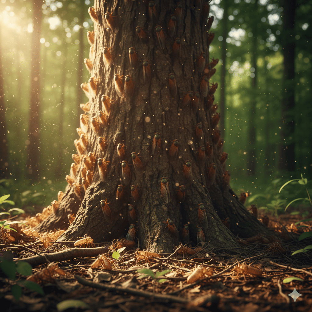 17年ゼミの画像。森の木に大量の孵化した17年ゼミがびっしりとまっている。