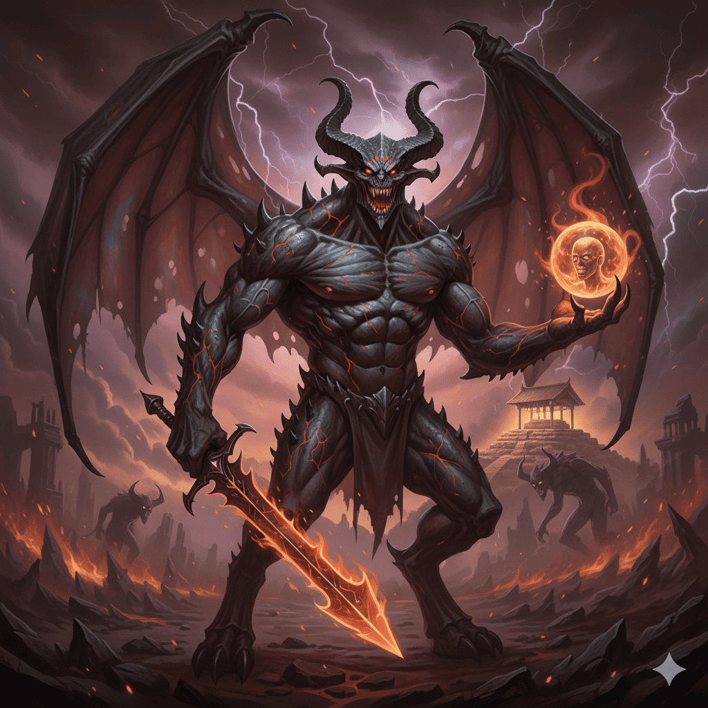 悪魔の画像。地上を焼き払った悪魔、遠くに土俵が見える、結界が張られているのか無傷である。