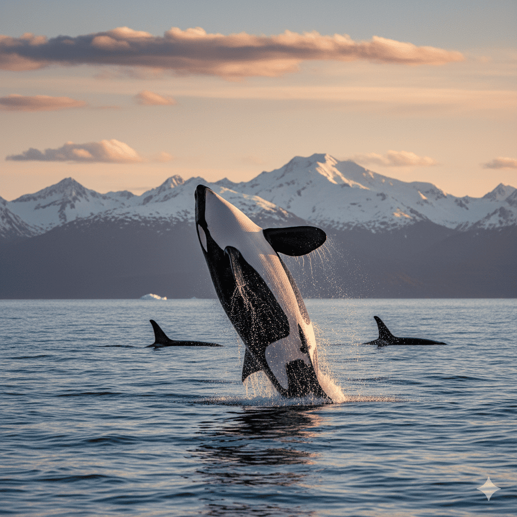 シャチの画像。野生のシャチがバックビートジャンプをしている。