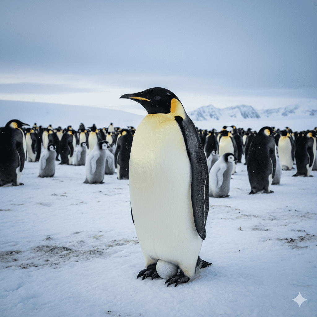 皇帝ペンギンの画像。　南極大陸にて群れの中で卵を温める皇帝ペンギン。