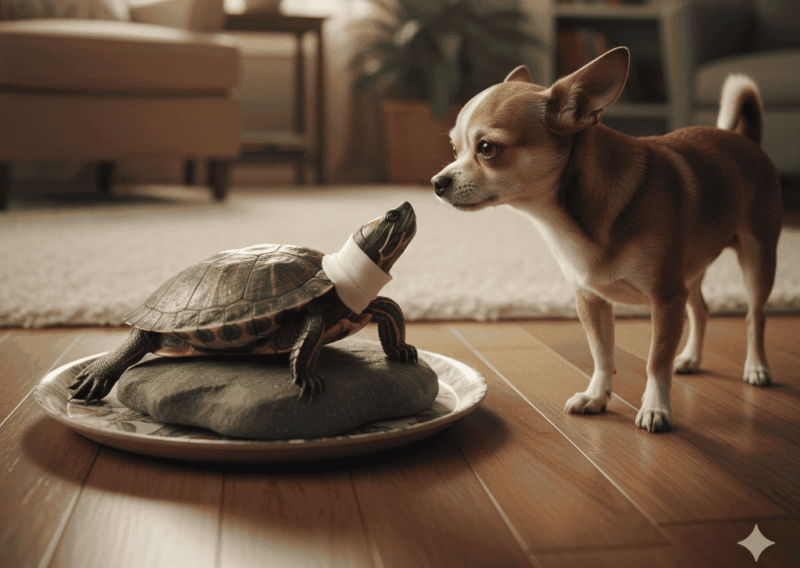 室内でペットのチワワとミシシッピアカミミガメの画像。ミシシッピアカミミガメの首には包帯が巻かれている。