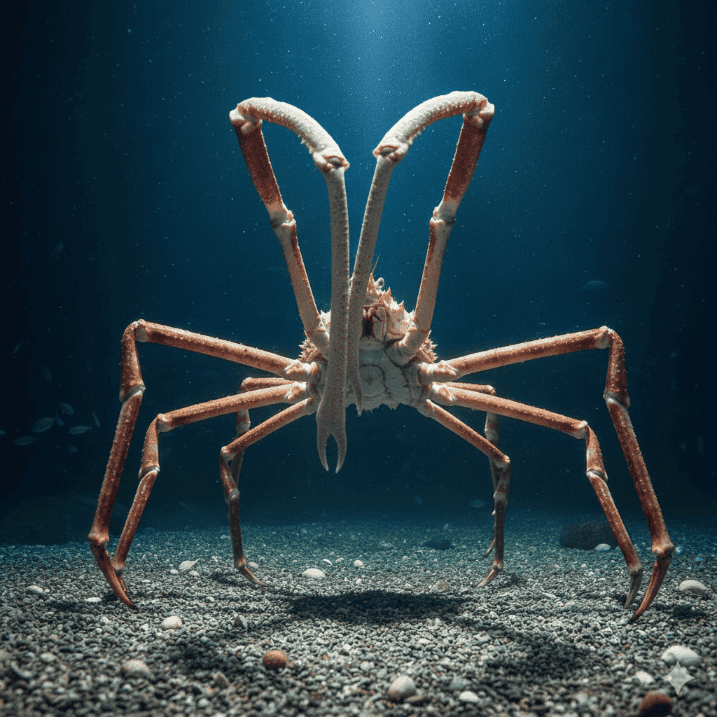 タカアシガニの画像。海底を歩くタカアシガニ。