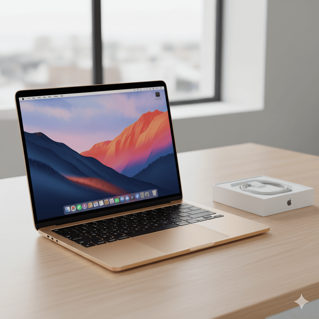 新品のMacbookの画像。本体色はシャンパンゴールド。机の上に置かれている、Macbookの画面にはOSの初期画面。